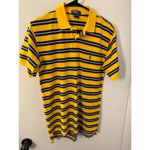 Polo Ralph Lauren Boys Large 16/18 Yellow Navy Striped Short Sleeve Polo Shirt